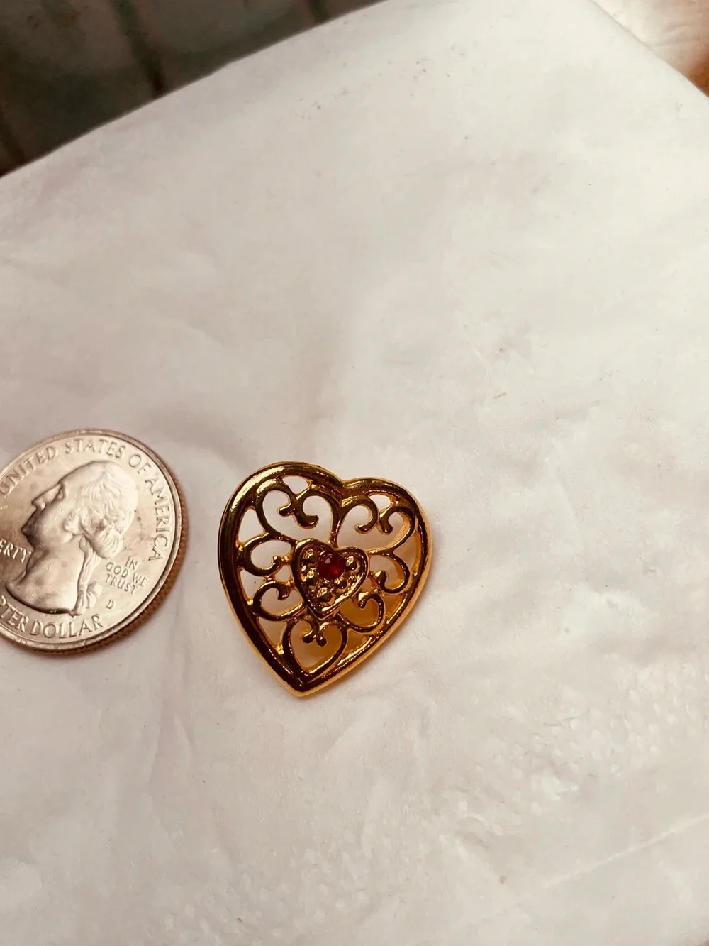 Gold Heart Filigree Tac Pin with Pink Crystal Accent